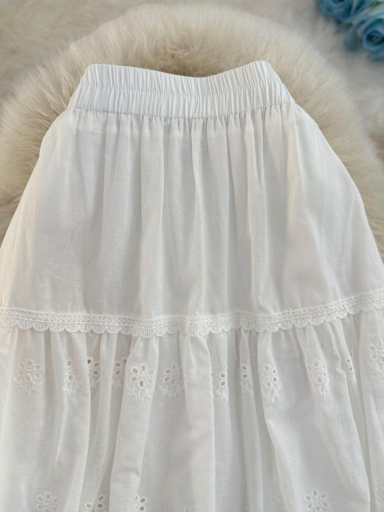 Spring/Summer A-Line Midi Skirt with Cross-Border Japanese & Korean Hollow Embroidery Design