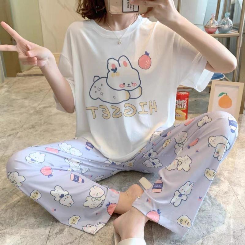 Pajamas women's short-sleeved trousers summer cartoon cute 2 new cartoon spring and summer loungewear suit can be worn outside