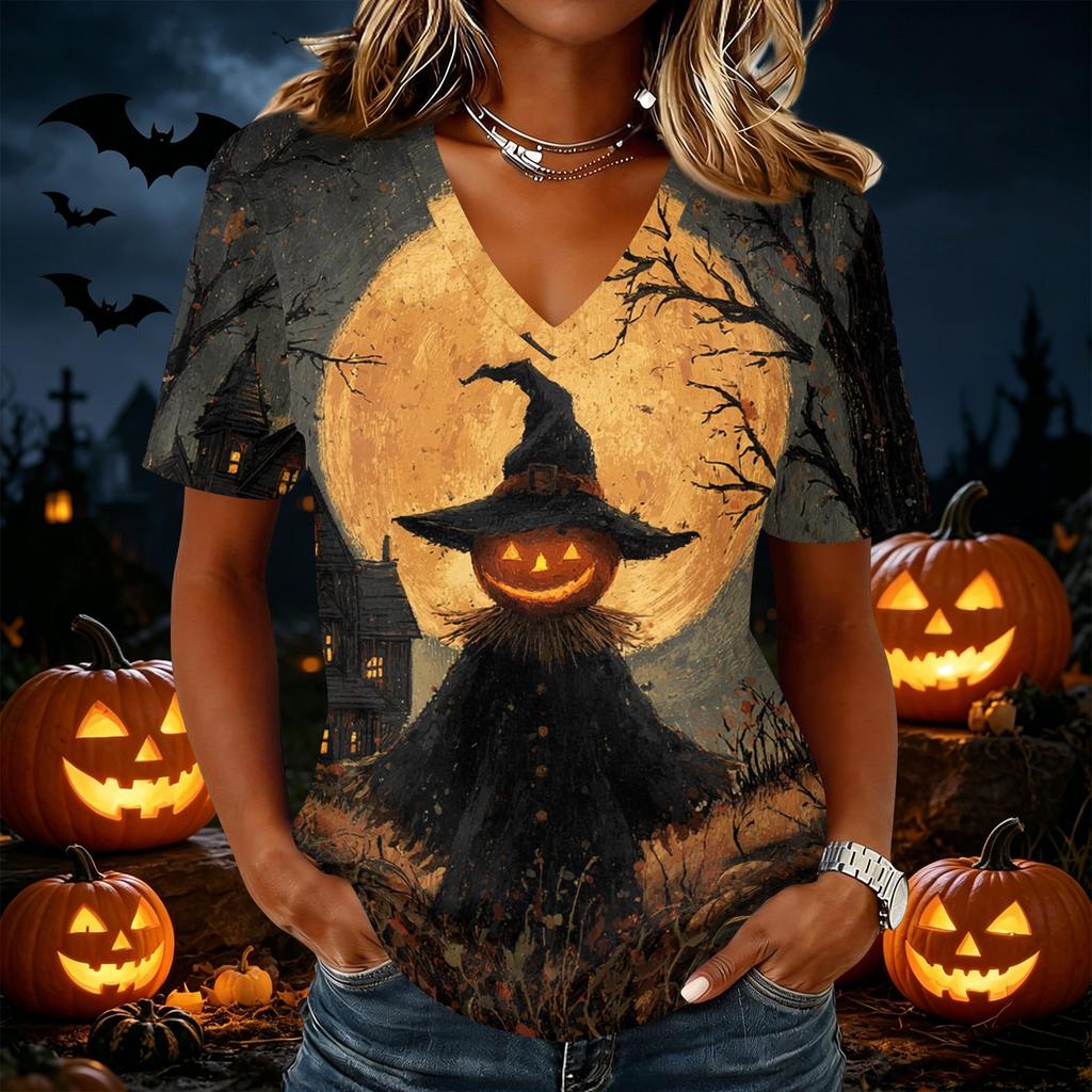 Women's Halloween Print V-Neck Short Sleeve Casual Pullover Top