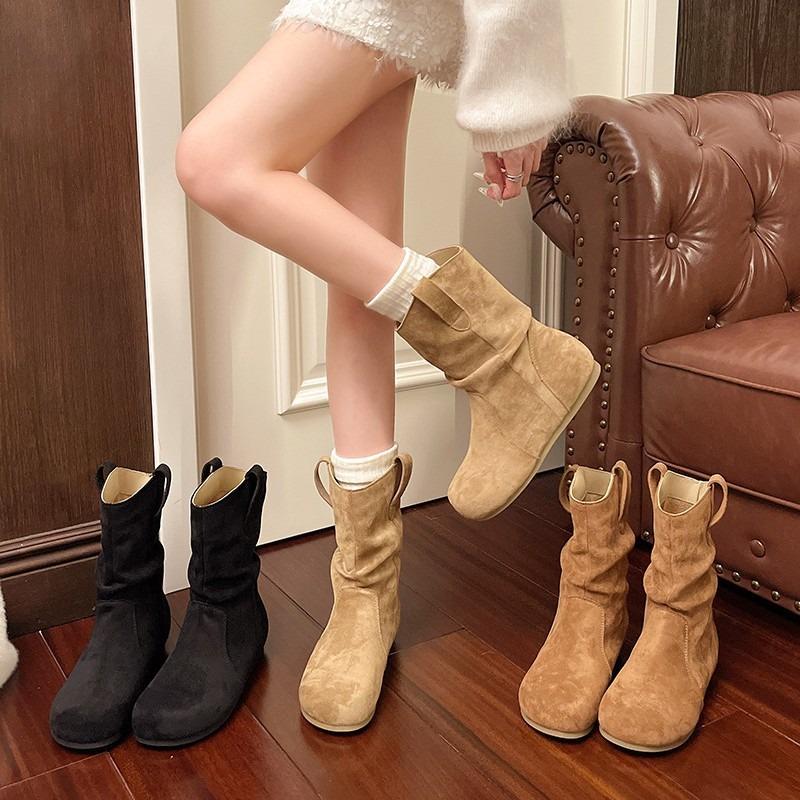 Retro pleated stacked short Martin boots women's autumn new simple and thin retro flat knight boots