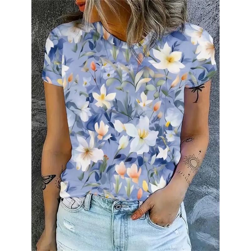 Fashion Women's Crew Neck Short Sleeve 3D Casual Color Printing Casual Short Sleeve Crew Neck T-Shirt