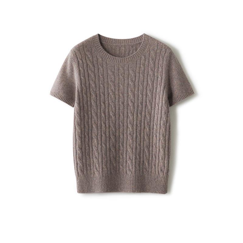 Conscien Aurora Cashmere Cable Knit Vertical Stripe Short Sleeve Top