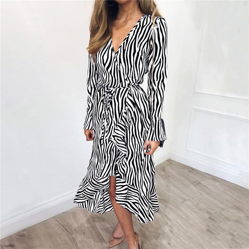 

2019 Sexy V-Neck Tiger Pattern Long Sleeve Chiffon Dress Women s Versatile S