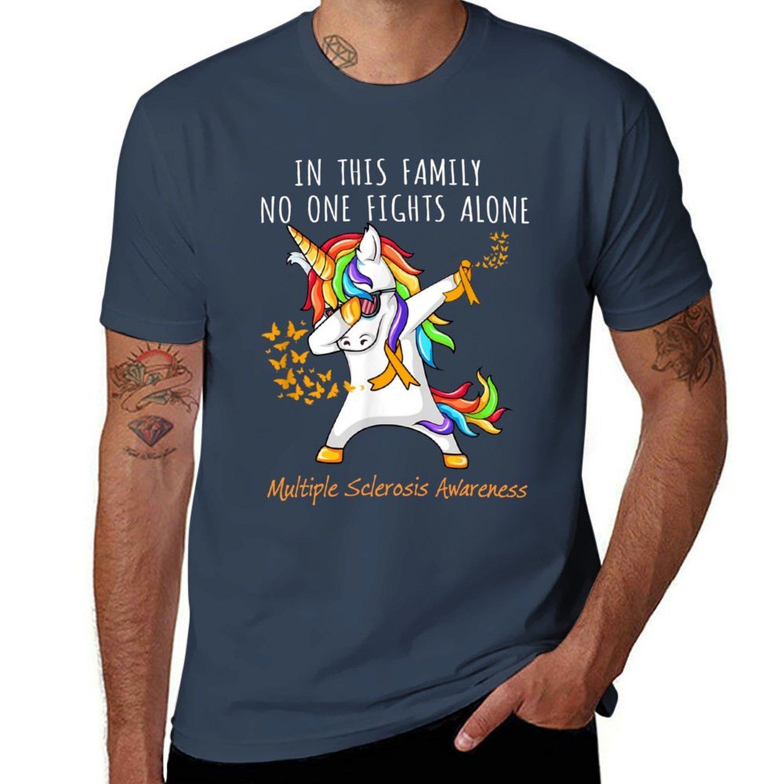 In This Family No One Fights Alone Unicorn Multiple Sclerosis TShirt Big and Tall Casual TShirt S