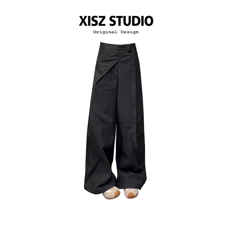 

American Retro Niche Style Layered Casual Pants for Women, Spring and Summer High-Waisted Slimming Loose Straight Wide-Leg Long Pants Trendy Gray [High Quality] S