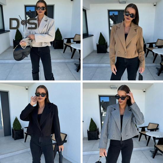 Kurtka damska na jesień i zimę w stylu angielskim, luźna, zapinana na dwa guziki, jednolity kolor, grube, długie rękawy, kołnierzyk wykładany, płaszcz dojazdowy na zewnątrz