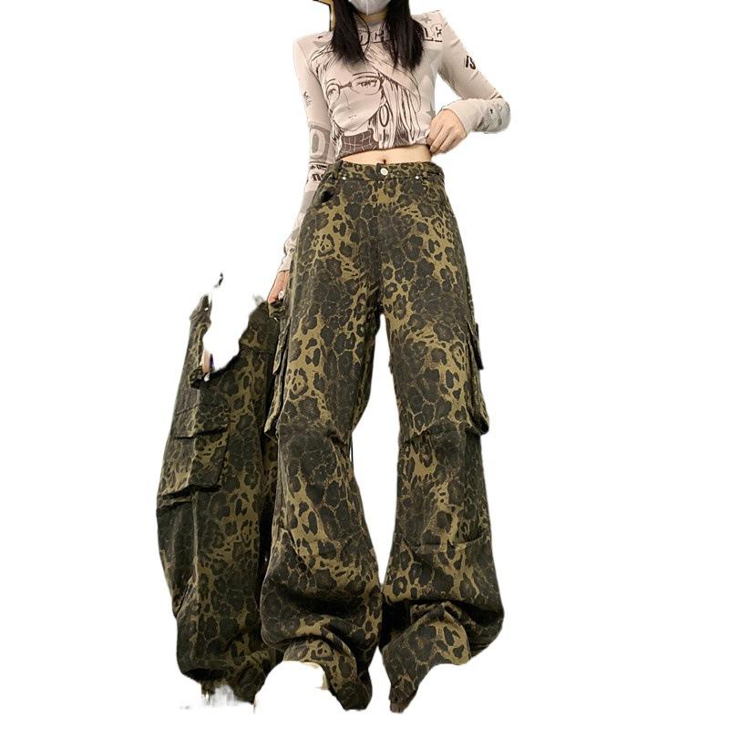 

Женские брюки с леопардовым узором High Street, новинка 2024 года, свободные повседневные брюки с широкими штанинами в американском стиле ретро, ​​рабочая одежда L