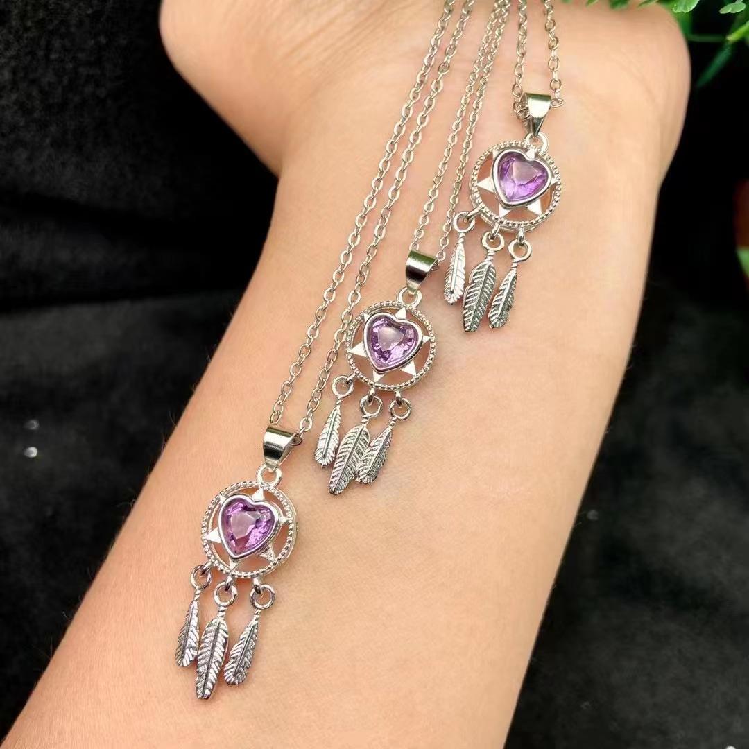Amethyst Heart-Shaped Pendant with Silver-Plated Crystal Inlaid Star Design