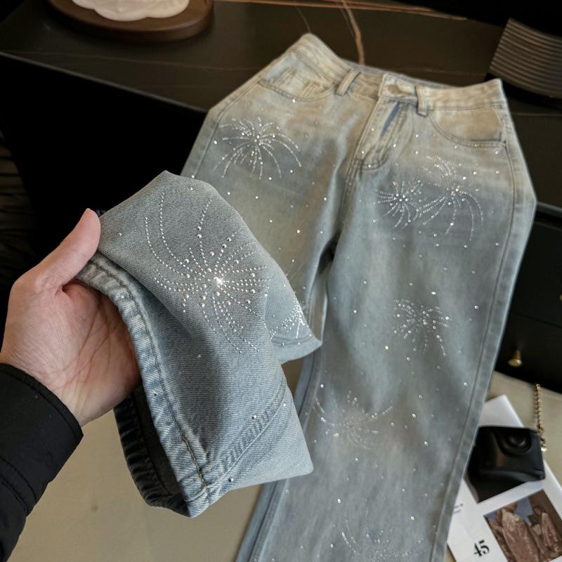 Women’s High Waist Shiny Rhinestone Denim Wide-Leg Pants - Early Spring Design