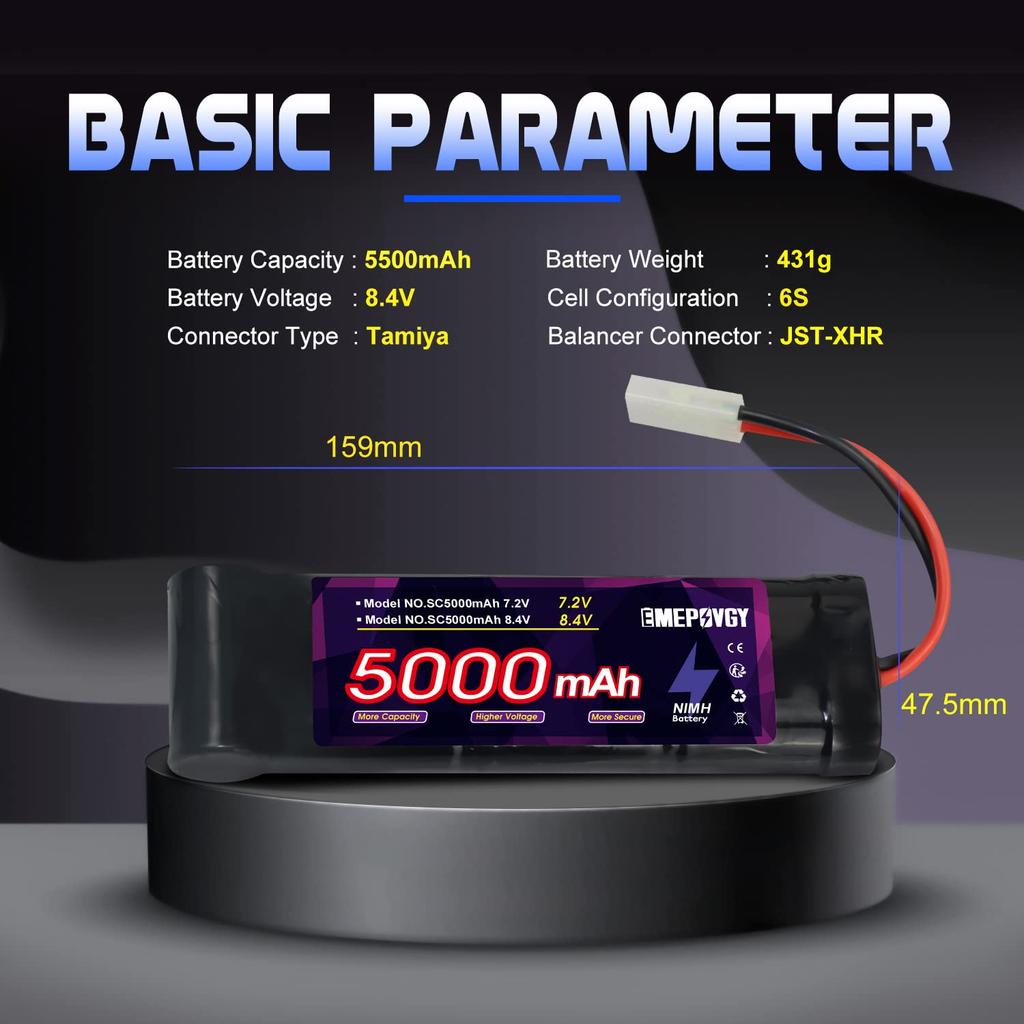 8.4V Nickel-Metal Hydride Battery, 5000mAh, High Capacity, NiMH, with Tamiya Plug, Compatible with a Wide Range of RC Cars and Trucks [CE, RoHS,