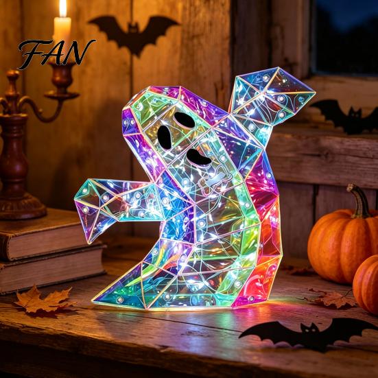 Charming Ghost Statue Light Prismatic Iridescent Halloween Decoration, Spooky LED Prism-Effect Small Nightlight for Desk Night Bedroom Hallway Table