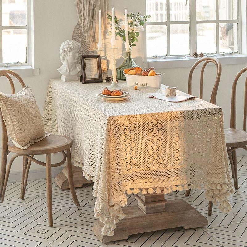 

Retro Idyllic Simple Tablecloth Weaving Hollow Scandinavian Rectangular Coffee Table Cloth Fabric Accessible Luxury Lace Tablecloth Beige White 95*95cm