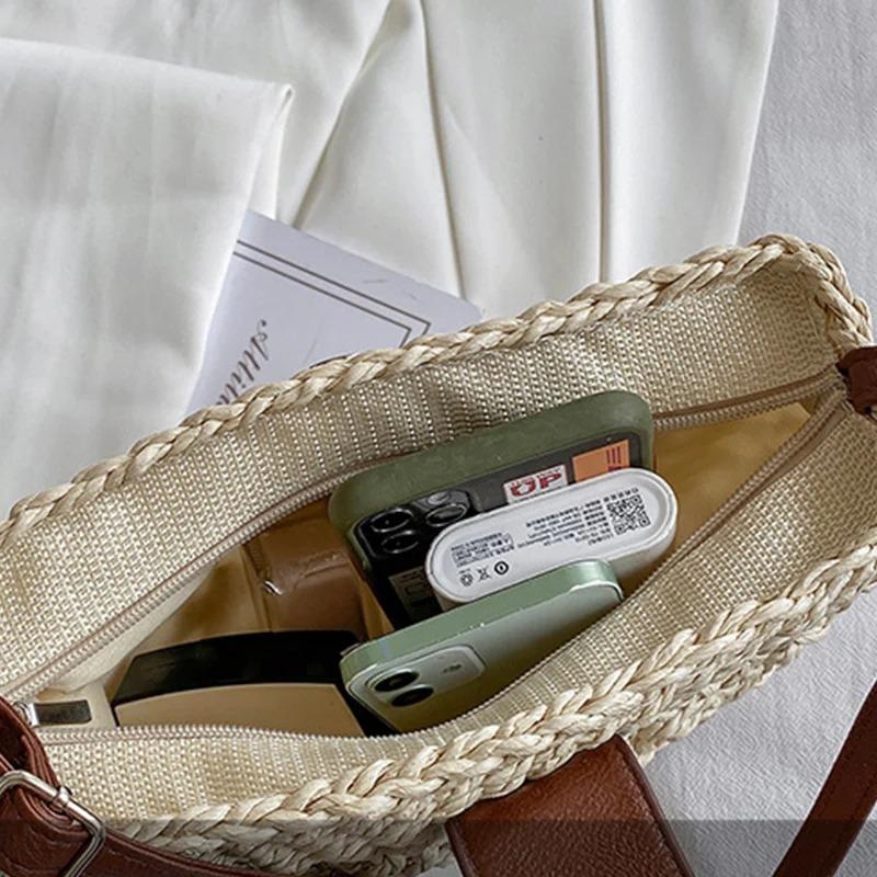 Summer Straw Women's Bag Fashion Half Round Crossbody Rattan Handmade Satchel Bag Travel Beach Bag Handbag