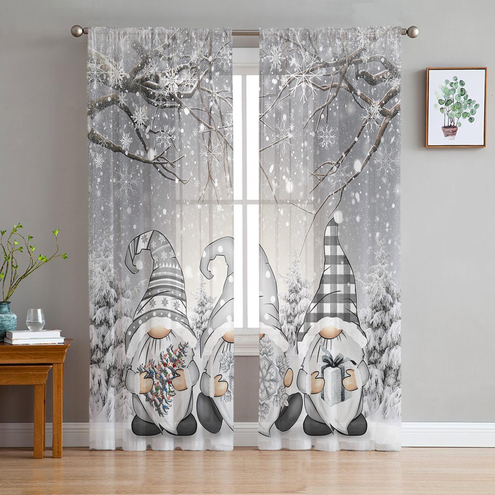 

Рождественские зимние снежные сцены, прозрачные шторы с гномами, рождественские украшения для дома, оконные тюлевые шторы для гостиной, спальни W135 x H244cm x2