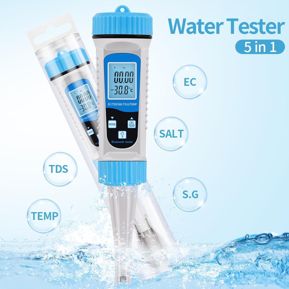 Bluetooth 5 in 1 Digital Water Quality Tester EC TDS SALT S.G TEMP Meter Water Test Detector with Backlight for Home Aquaculture