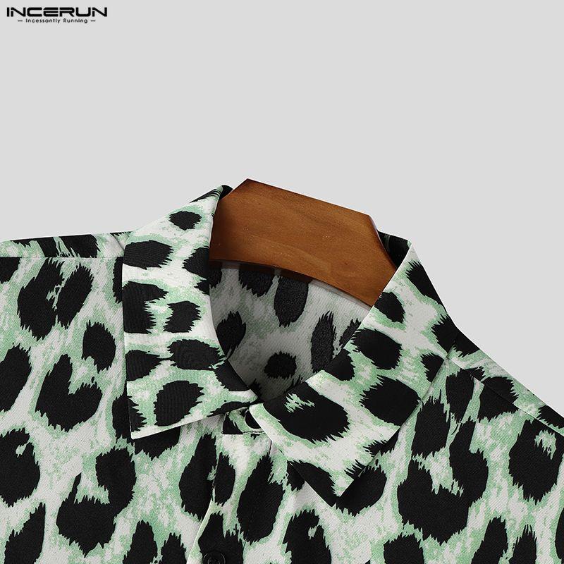 INCERUN Oversized Men's Short Sleeve Lapel Collar Button Up Leopard Print Shirts Tops