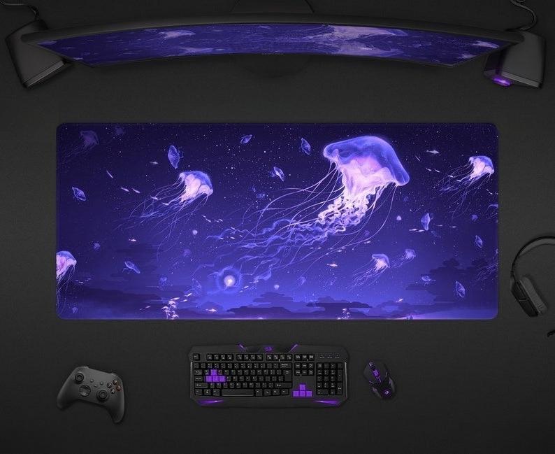 Jellyfish Desk Mat Anime Aesthetic Mouse Pad Space Ocean Purple XXL Large Gaming Deskmat Rgb Led Light Glow Big Long Mousepad