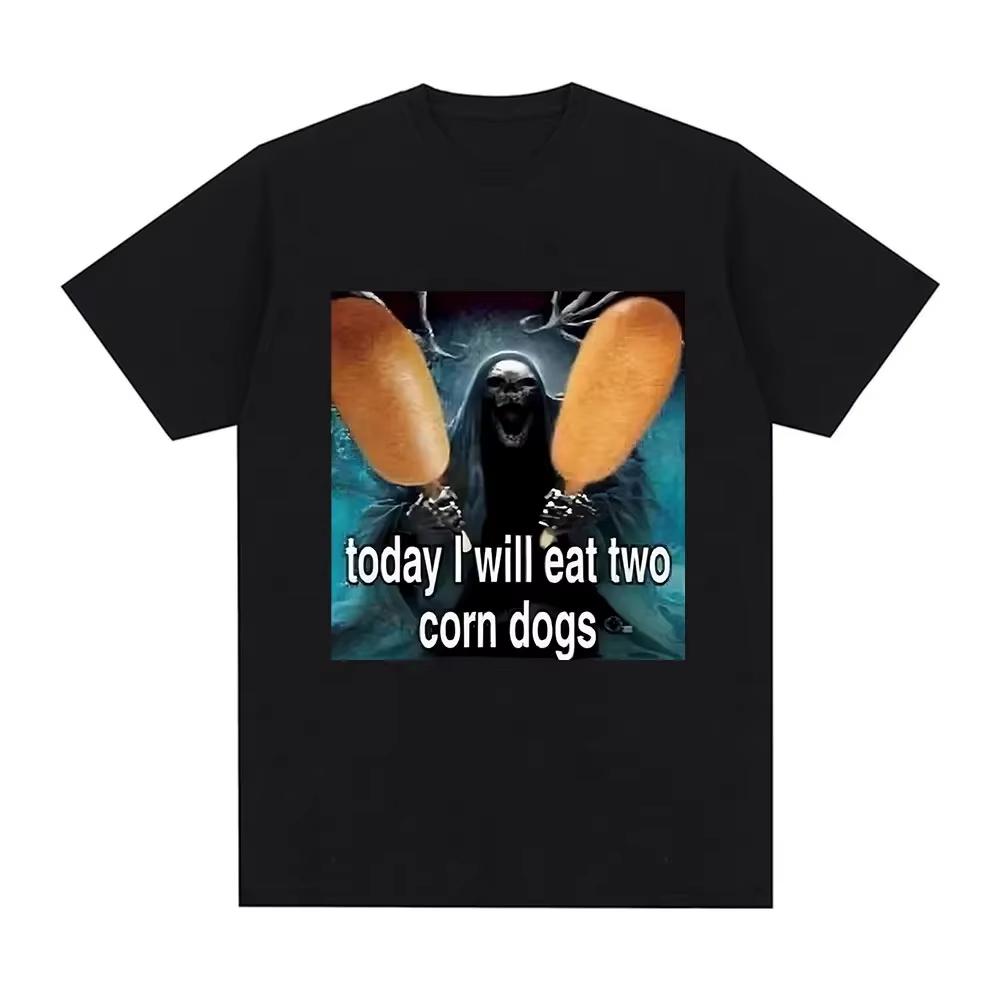 Today I Will Eat Two Corndogs Graphic T-Shirt Skeleton Meme Men's Vintage Gothic Short Sleeve T-shirts Cotton T Shirts