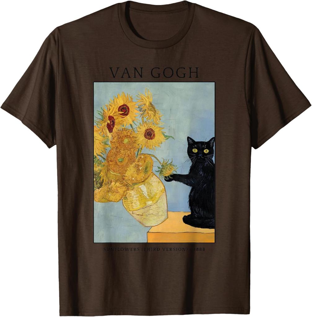 Černá kočka Van Gogh Slunečnice Umělecká parodie Grafické tričko Měkká bavlna Ležérní tričko s kulatým výstřihem
