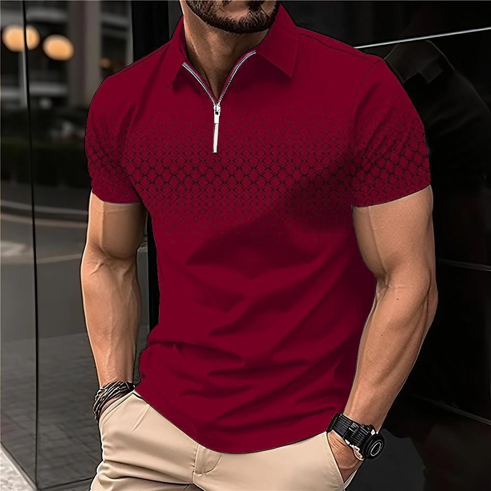 Summer New Men's Short Sleeved Lapel Polo Shirt Square Printed Zipper Casual