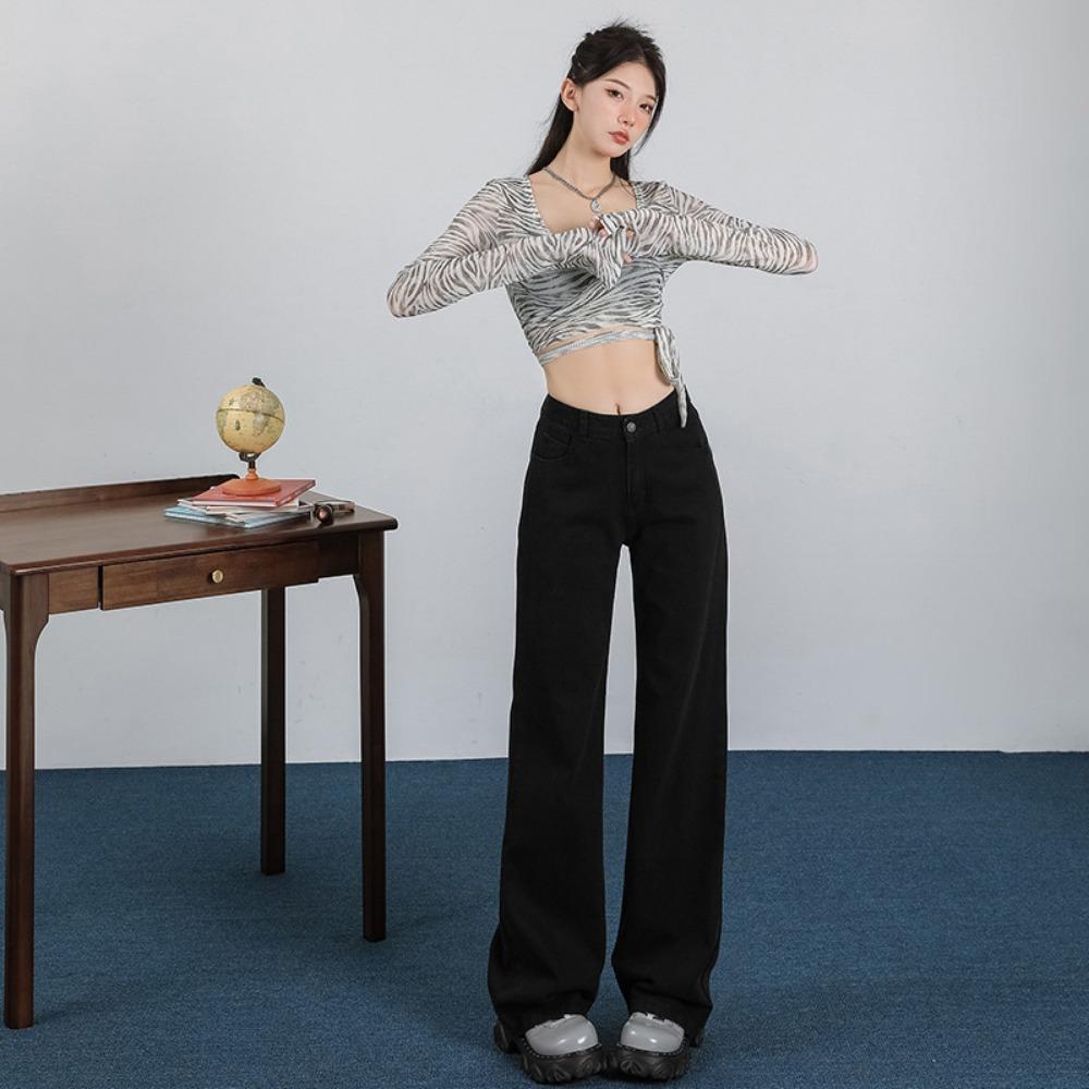 

American retro drape straight jeans 2025 new simple Korean version loose ns trendy mopping jeans S чёрный