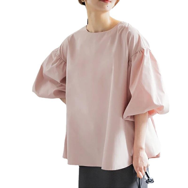 Summer Loose Large Edition Women's Shirt Cotton Oversized Lantern Sleeve Crew Neck Top