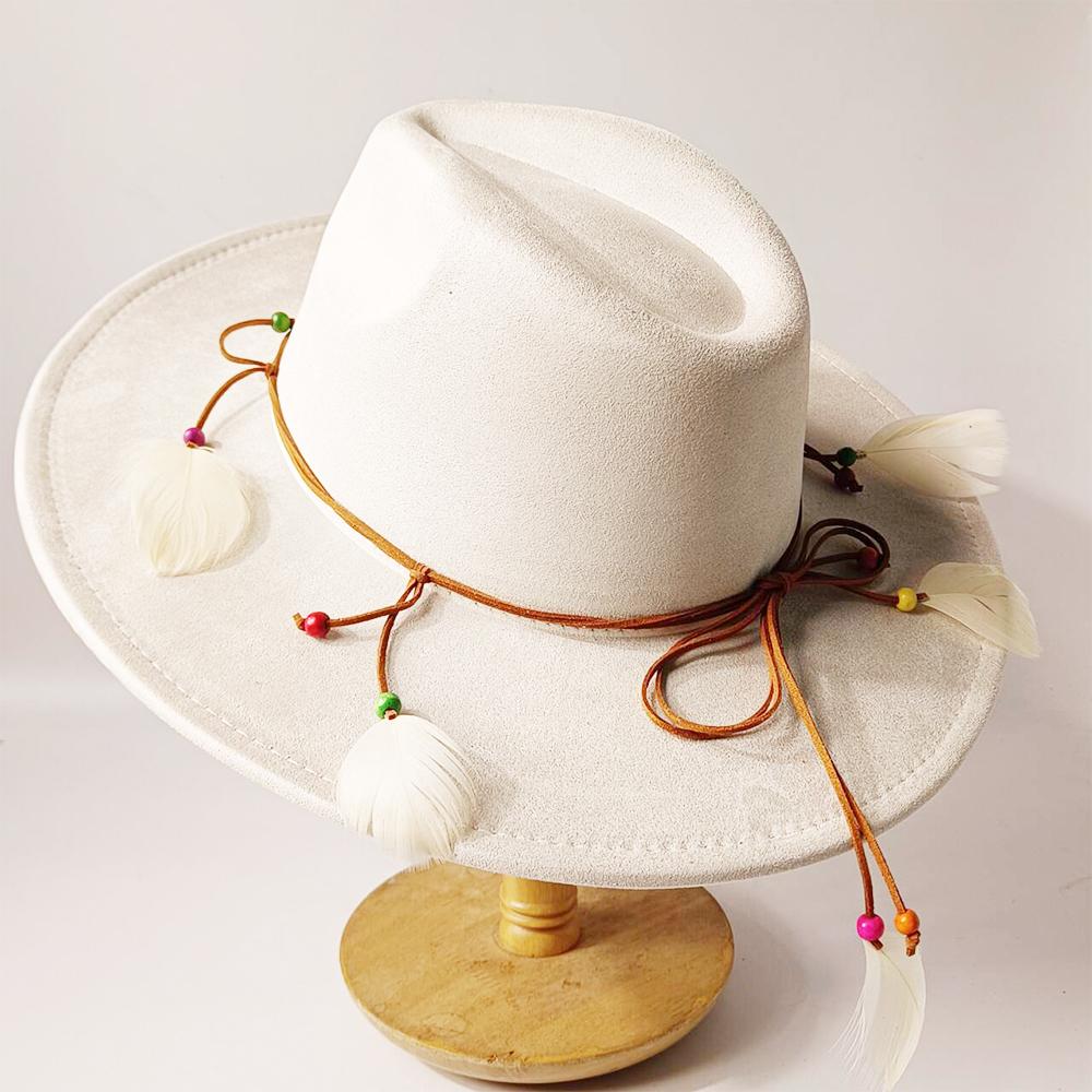 2026Bohemian style suede hat, brim 9.5 cm fedora with feather accessories, classic church hat, wide brim hat, women's hat