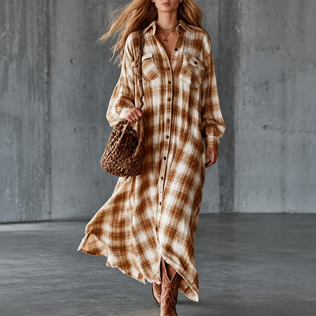 Women's Loose Fit Vintage Plaid Long Sleeve Shirt Dress for Casual Everyday Wear