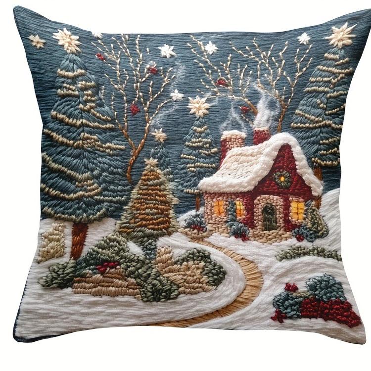 Christmas Snow Pillowcase: Embroidered Dream Cabin and Bright Starry Sky New Year Home Decoration 2d Flat Printing