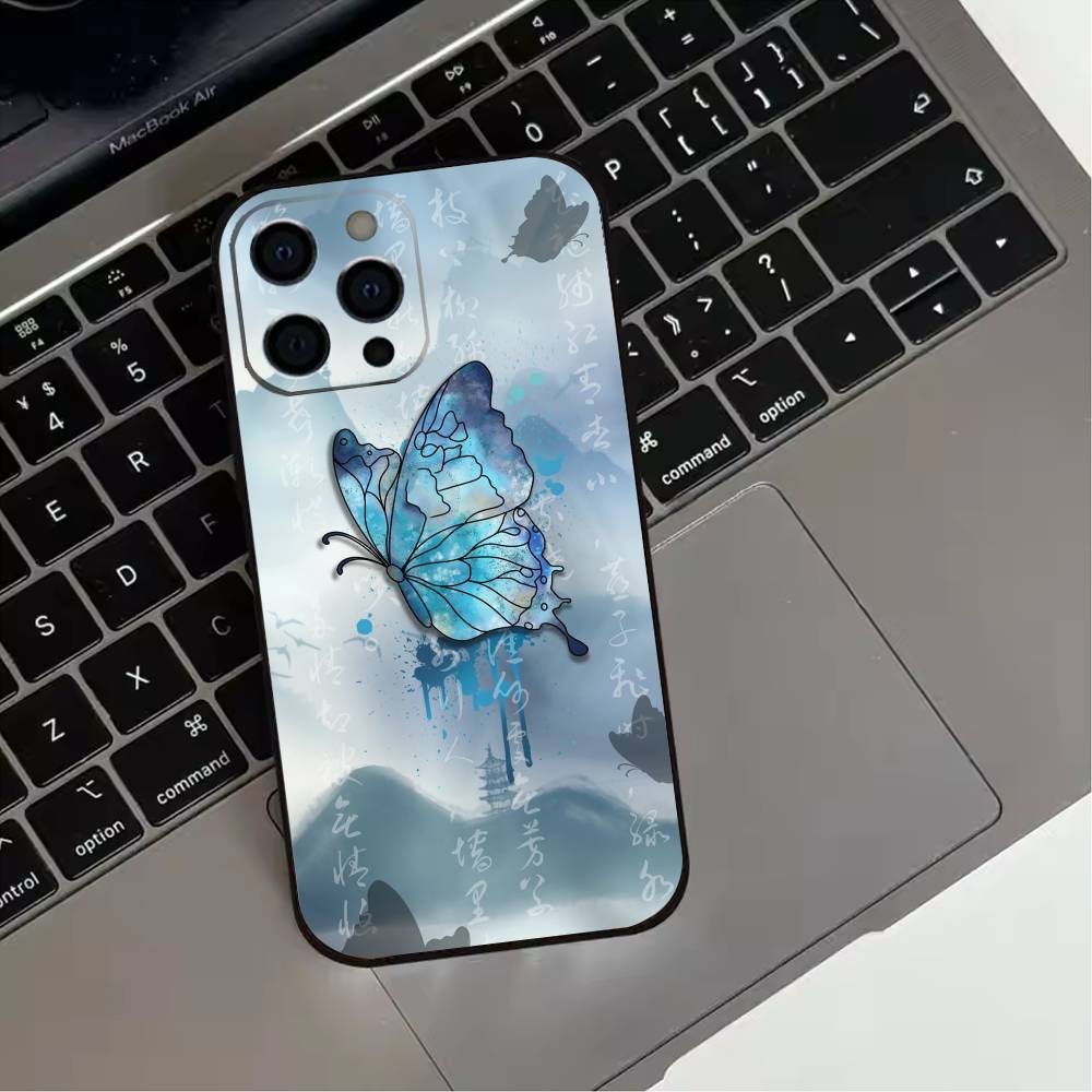 

Ink wash painted butterfly Phone Case For iPhone 17,16,15,14,13,12,11 Plus,Pro Max,XS,Soft Silicone Black Cover iPhone16