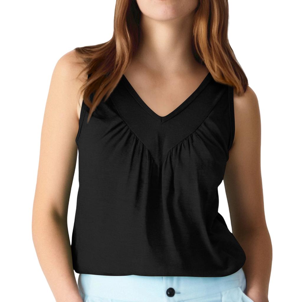 Women's Color Sleeveless Camisole Pleated Versatile V-neck T-shirt Top