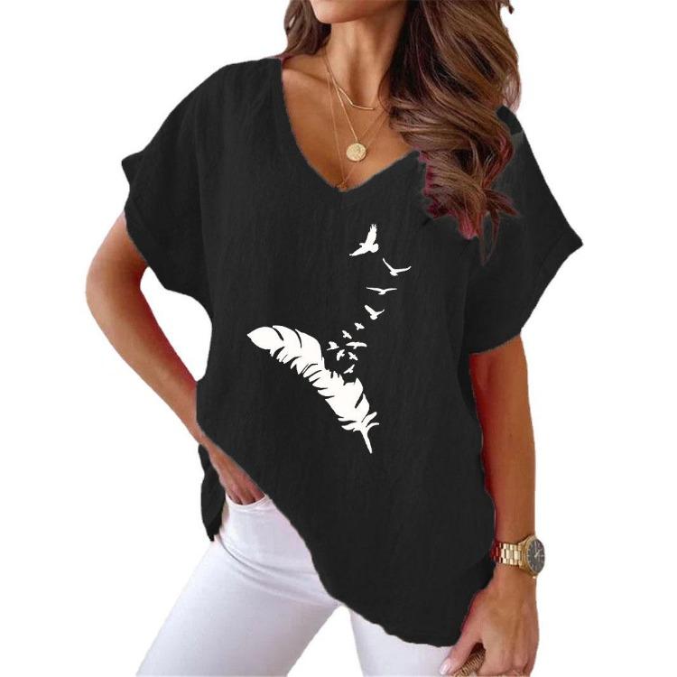 Women's Summer V-neck Batwing Sleeve Feather Print T-shirt