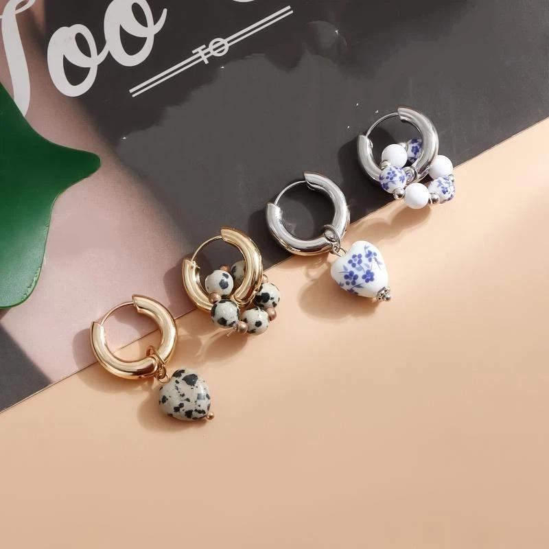 1Pair Blue White Color Ceramic Pendant Earrings Ear Buckle Chinese Style Ear Buckle Hanfu Round Bead Heart-Shaped Earrings