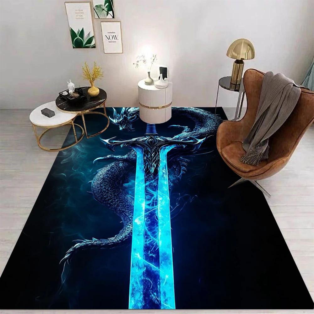 Fantasy Sword Dragon Phoenix Carpet With Glowing Sword Dragon Phoenix Flame Energy Designs Non Slip Rug For Living Room Decor