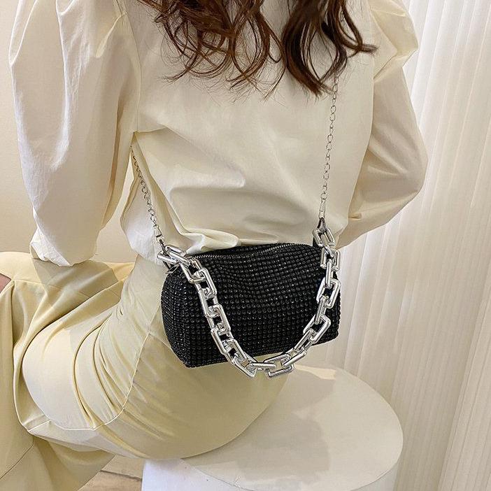 WTEMPO Simple Elegant Casual Rhinestone Silver Black Underarm Bag Women Versatile Party Club Single Shoulder Crossbody Bags Handbags
