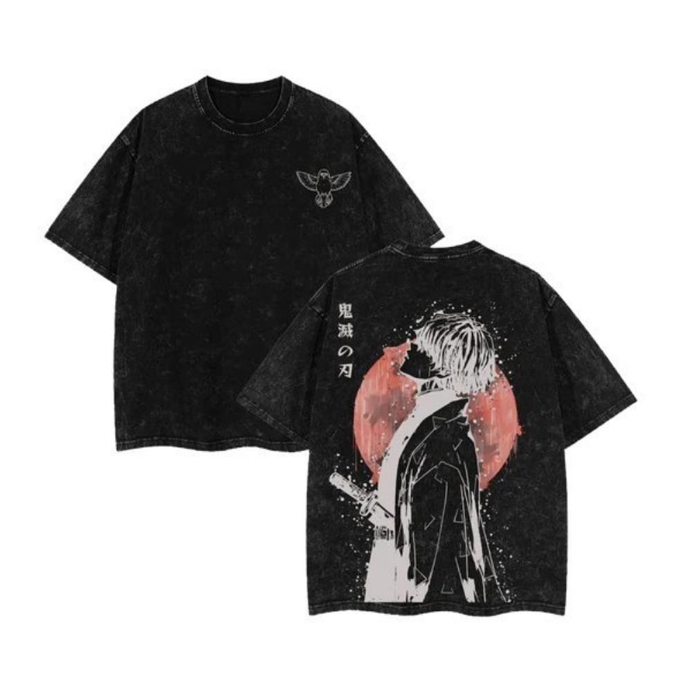 Summer Casual Daily Outfit for Anime Short-sleeved Retro Washed T-shirt, Loose Fit Demon Slayer Anime T-shirt