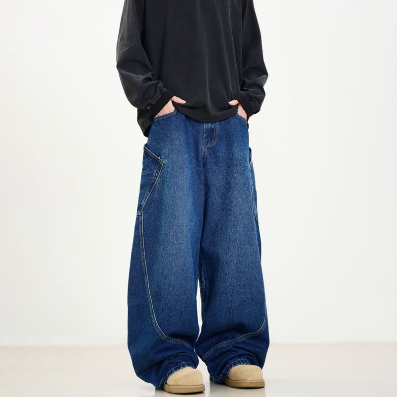 Kisko American Retro Deconstructed Design Wide-Leg Scimitar Jeans for Men and Women, Distressed Loose Straight Casual Pants