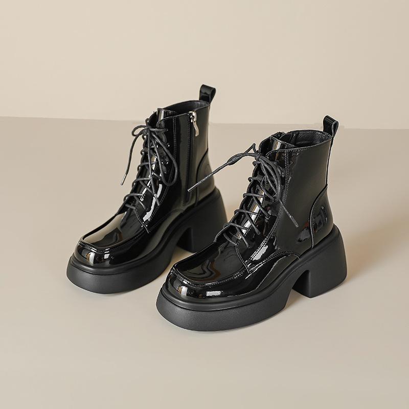 Sweet and cool girls Martin boots women's 2025 autumn and winter British lace-up short boots 7cm heightened thick-soled high-heeled patent leather bo