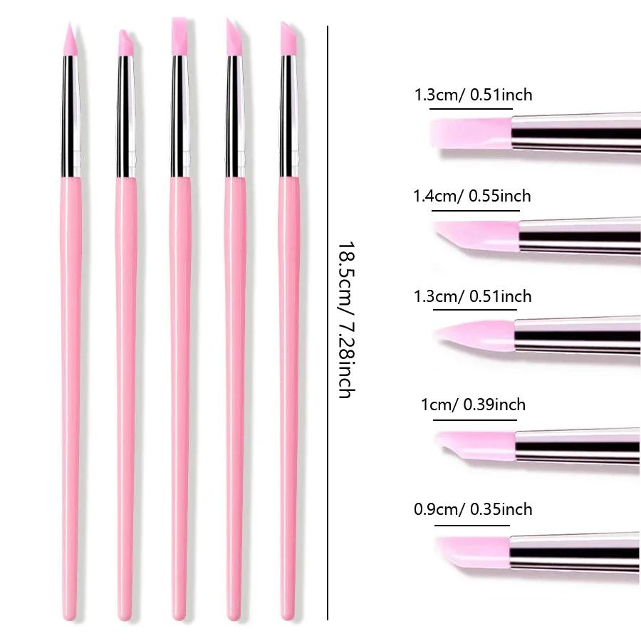 5Pcs/Set Silicone Nail Brush Carving Emboss Hollow Gel Shaping Pink Nail Art Pen DIY Dotting Manicure Tools Accessories