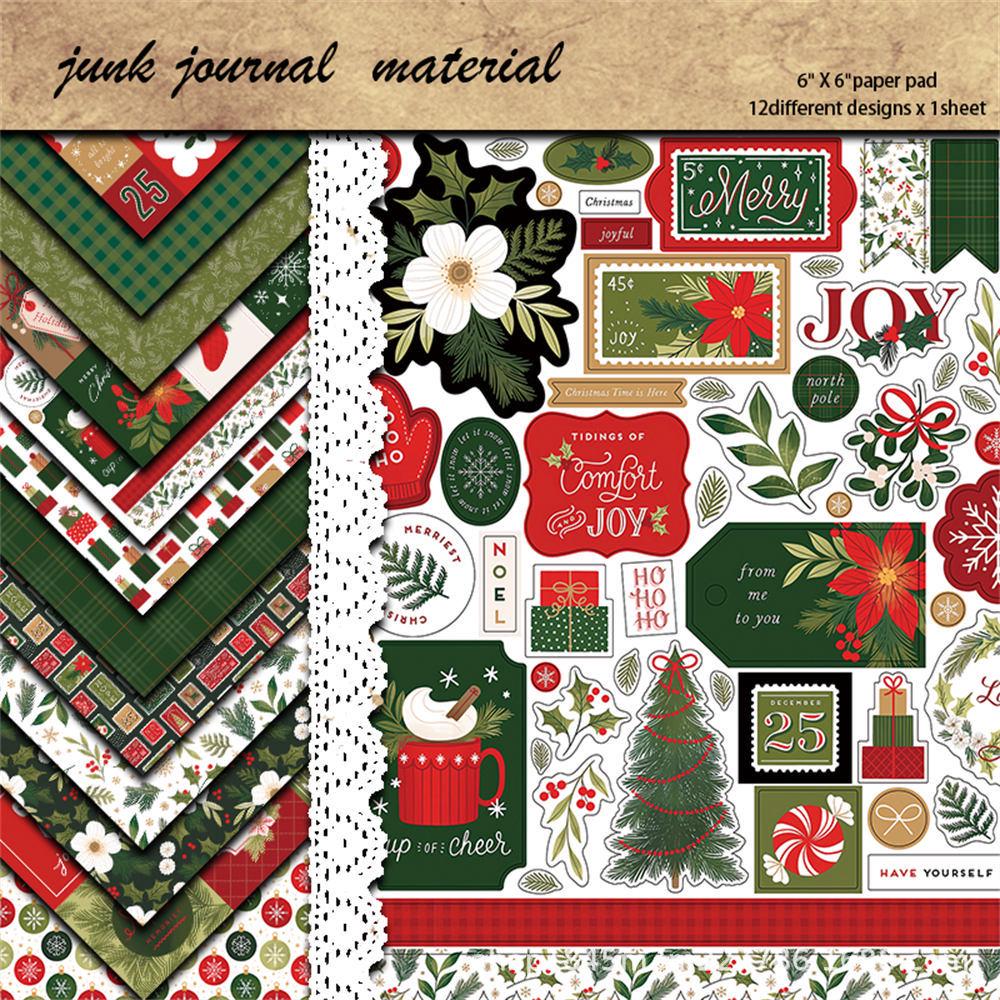 12 Sheets Retro Christmas Scrapbooking Paper for European & American Collage Projects