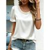 Women Elegant Satin Blouse With Pearl Neckline Puff Short Sleeve Casual Tops