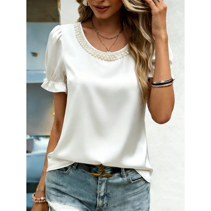 Women Elegant Satin Blouse With Pearl Neckline Puff Short Sleeve Casual Tops