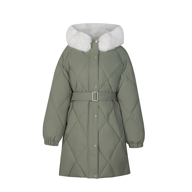 2025 Winter Wear New Diamond Large Fur Collar Temperament Down Cotton Jacket Women's Mid-length Belt Waist Slim Jacket