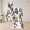 Women Plus Size Two Piece Set Abstract Face Printed V Neck Strappy Flared Dress Long Sleeve Open Front Cardigan