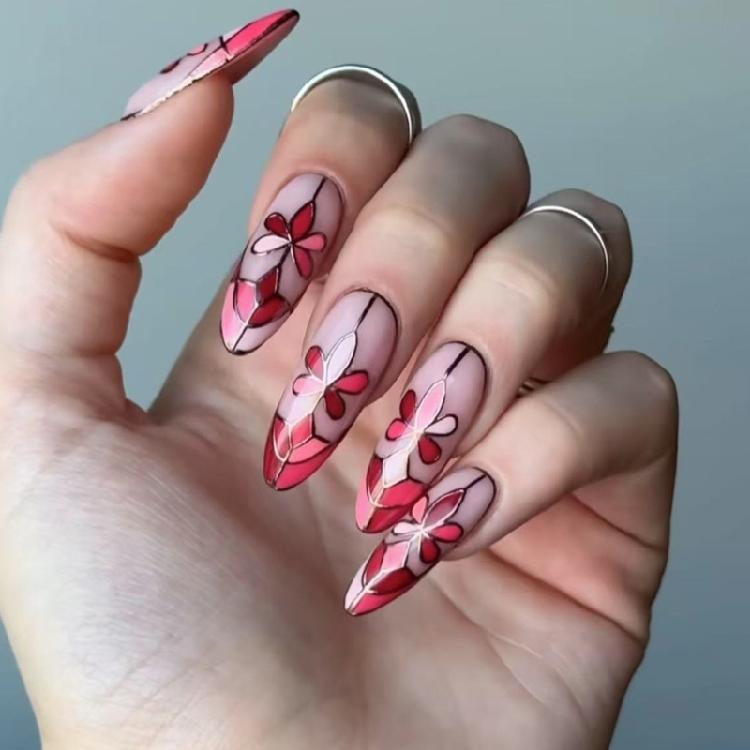 Fashionable Oval Artificial Nail With Floral Decors Press On Nail Acrylic Nail Manicure Ornament For Special Gatherings