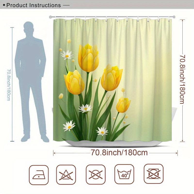 1pc a Yellow Tulip Shower Curtain Featuring Bright Flowers, Daisies, And a Soft Green And Yellow Dreamy Spring Design. Made of P