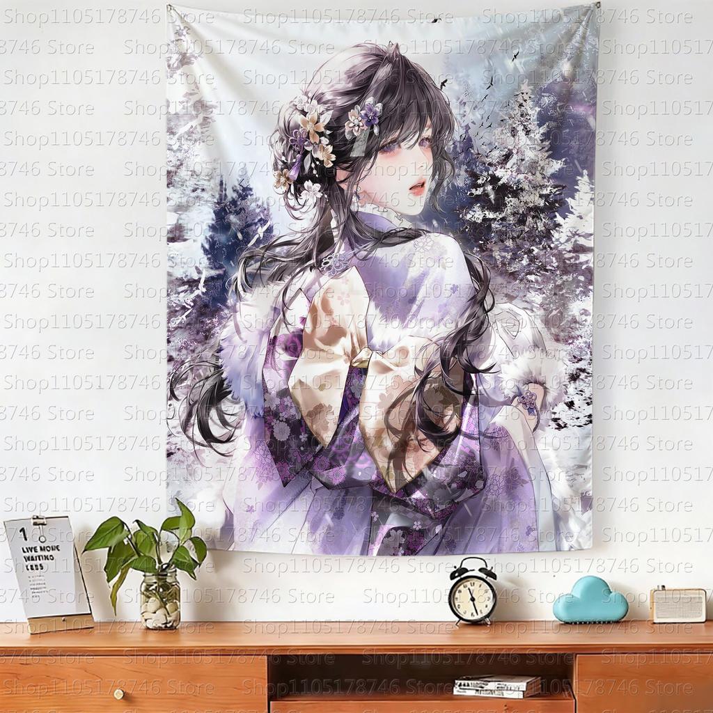 Chinese Cartoonstyle Girl Hanging Cloth Cartoon Dormitory Bedroom Bedside Tapestry Wall Background Cloth House Decorative Cloth