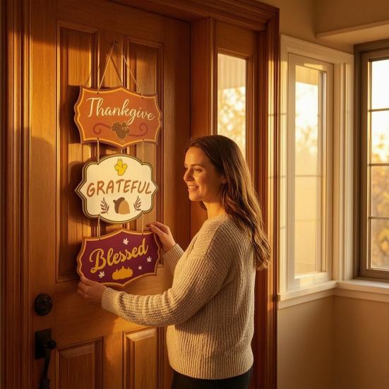 Wooden Door Sign, Farmhouse Autumn Hanging Decor  with Turkey Acorns, 3-Section Waterproof Porch Wall Sign, Prestrung Cotton Rope for Thanksgiving