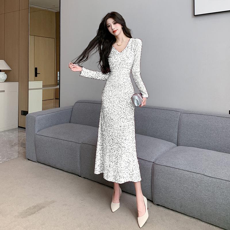 Women's V-Neck Long-Sleeve Sequin Fishtail Dress (2024 Autumn/Winter Collection)