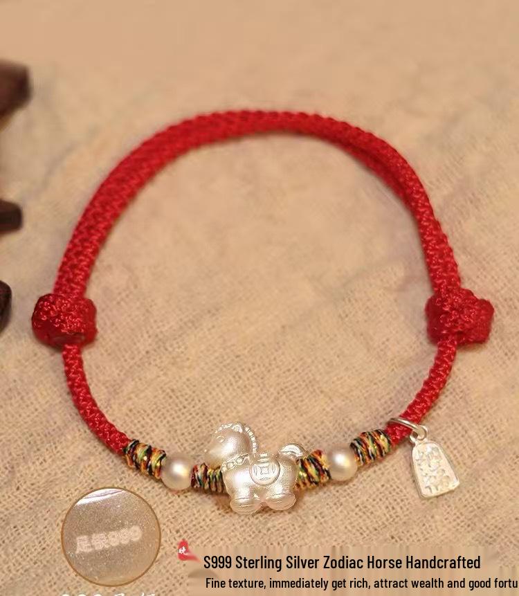 Sterling Silver Horse Year Red String Bracelet for Women - Zodiac Dragon Style Woven Rope Silver Jewelry